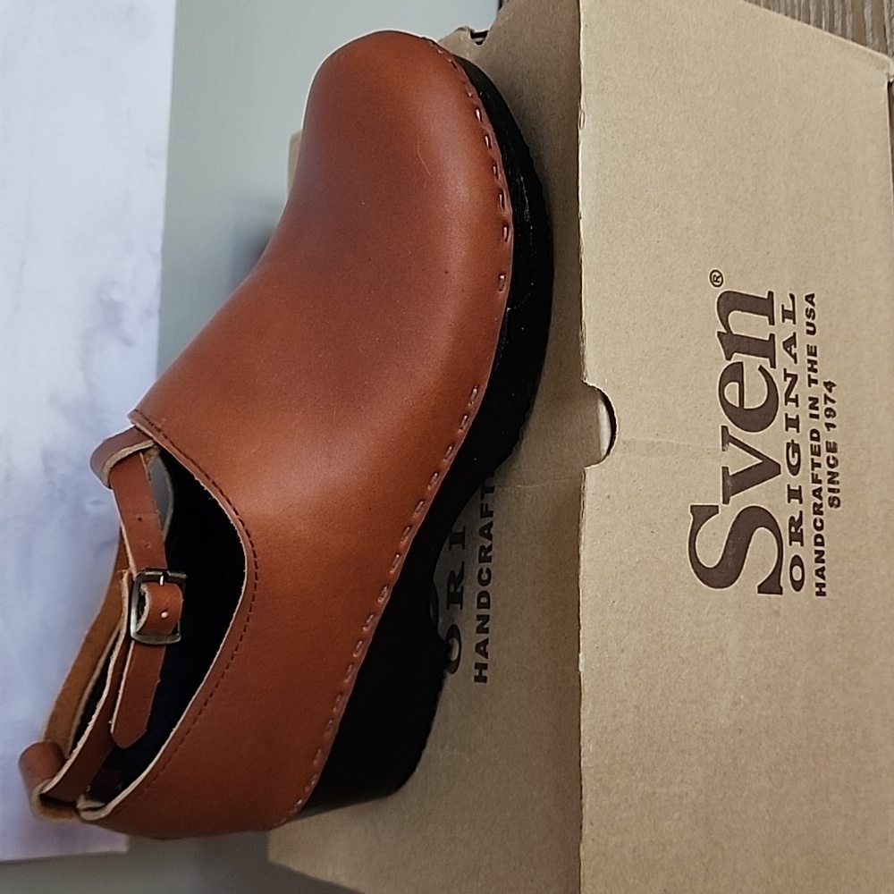 Sven Tan Leather Clog Mules with Ankle Strap
